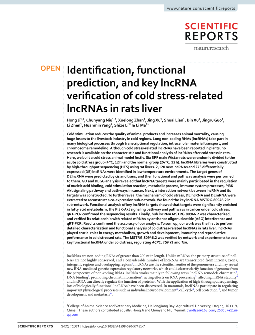 Identification, Functional Prediction, and Key Lncrna Verification of Cold Stress-Related Lncrnas in Rats Liver