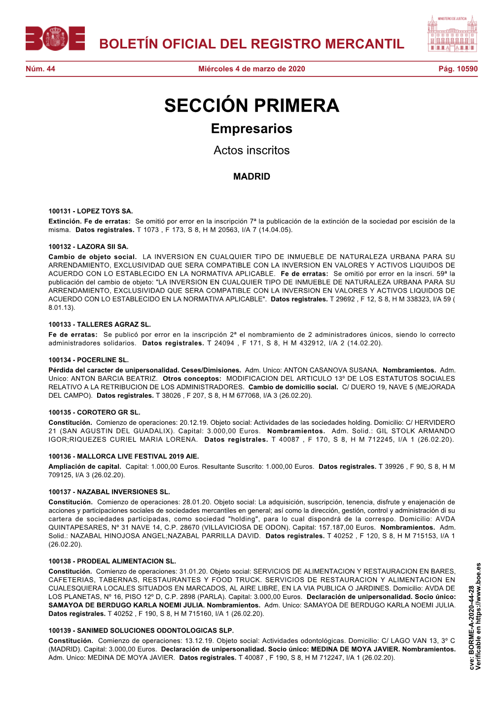 BORME-A-2020-44-28 Verificable En BOLETÍN OFICIAL DEL REGISTRO MERCANTIL