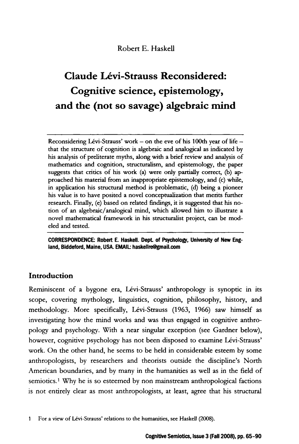 Claude Levi-Strauss Reconsidered: Cognitive Science, Epistemology, and the (Not So Savage) Algebraic Mind