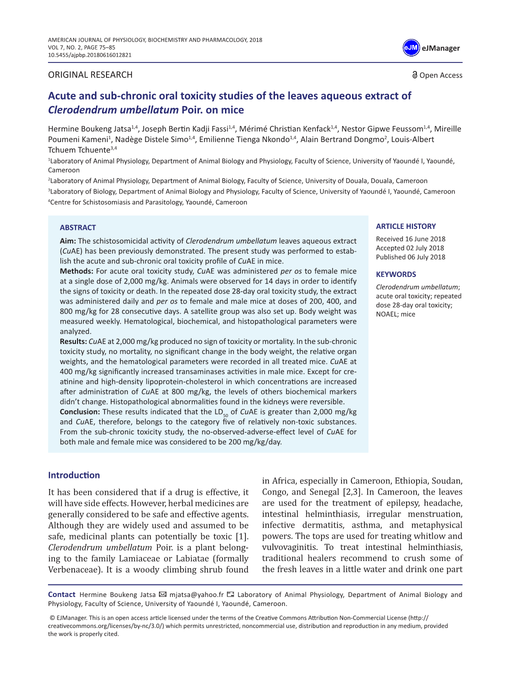 Acute and Sub-Chronic Oral Toxicity Studies of the Leaves Aqueous Extract of Clerodendrum Umbellatum Poir