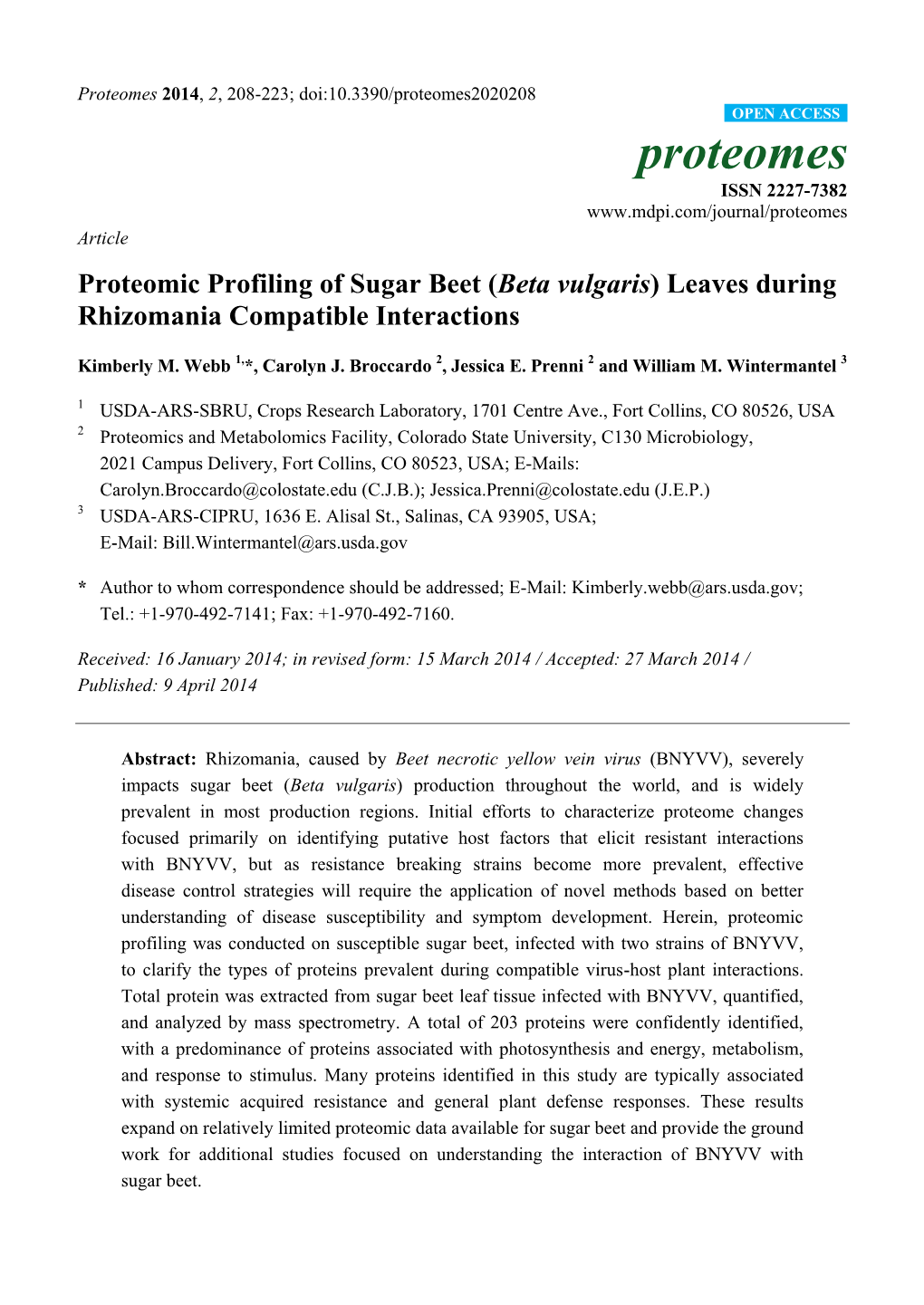 Proteomic Profiling of Sugar Beet (Beta Vulgaris) Leaves During Rhizomania Compatible Interactions