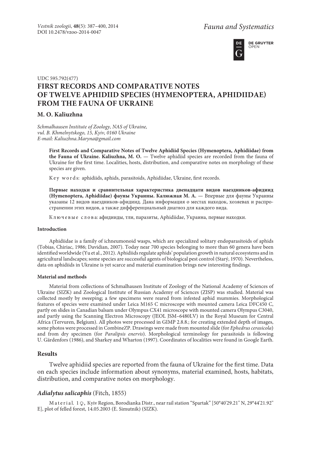 First Records and Comparative Notes of Twelve Aphidiid Species (Hymenoptera, Aphidiidae) from the Fauna of Ukraine M