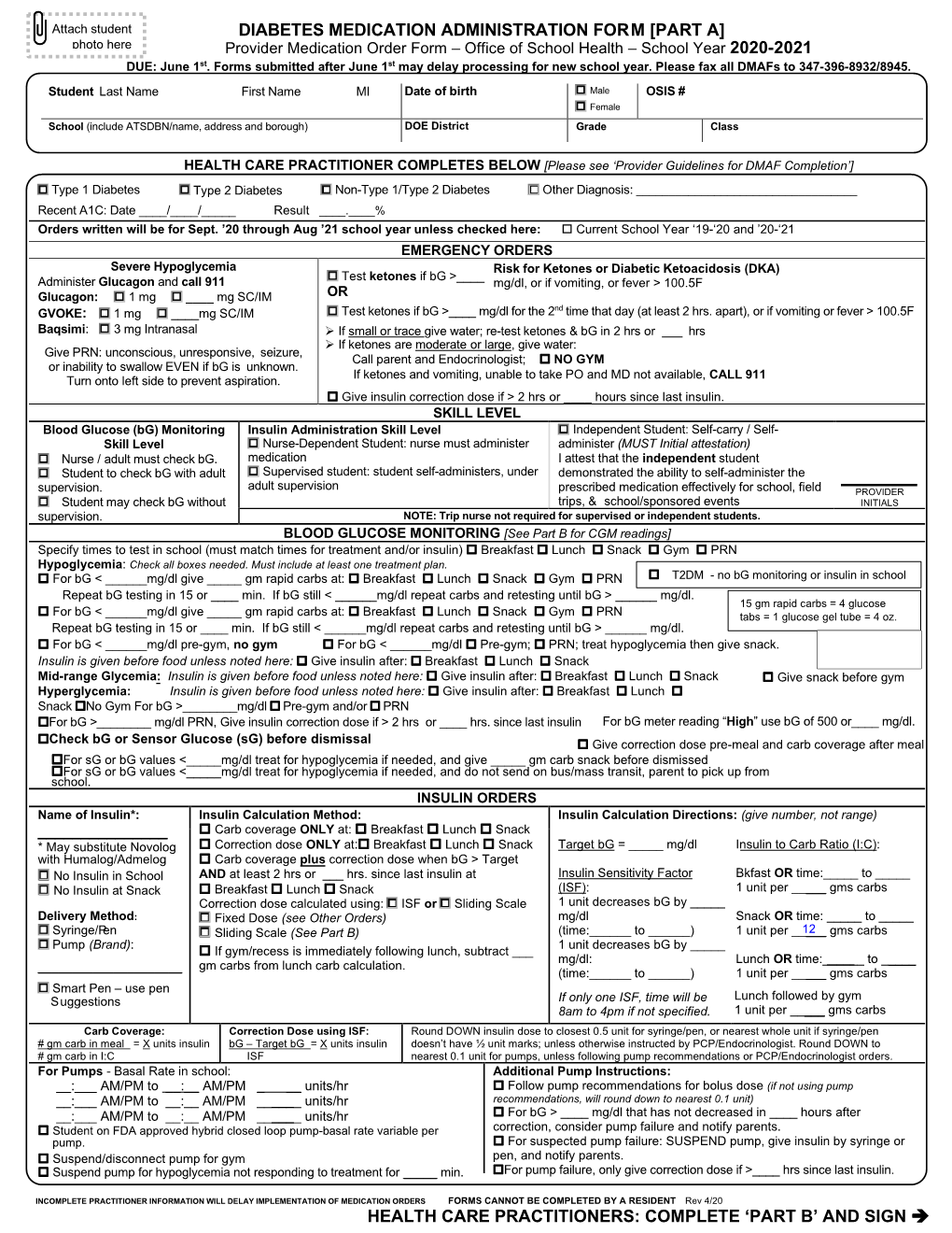 Diabetes Medication Administration Form [Part A]