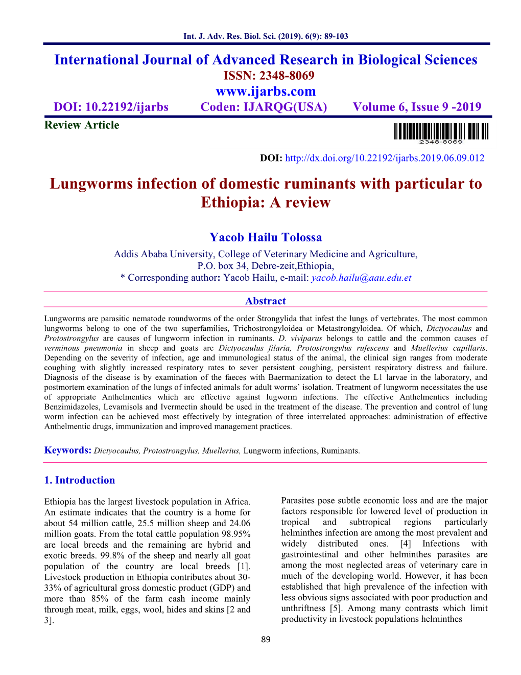 Lungworms Infection of Domestic Ruminants with Particular to Ethiopia: a Review