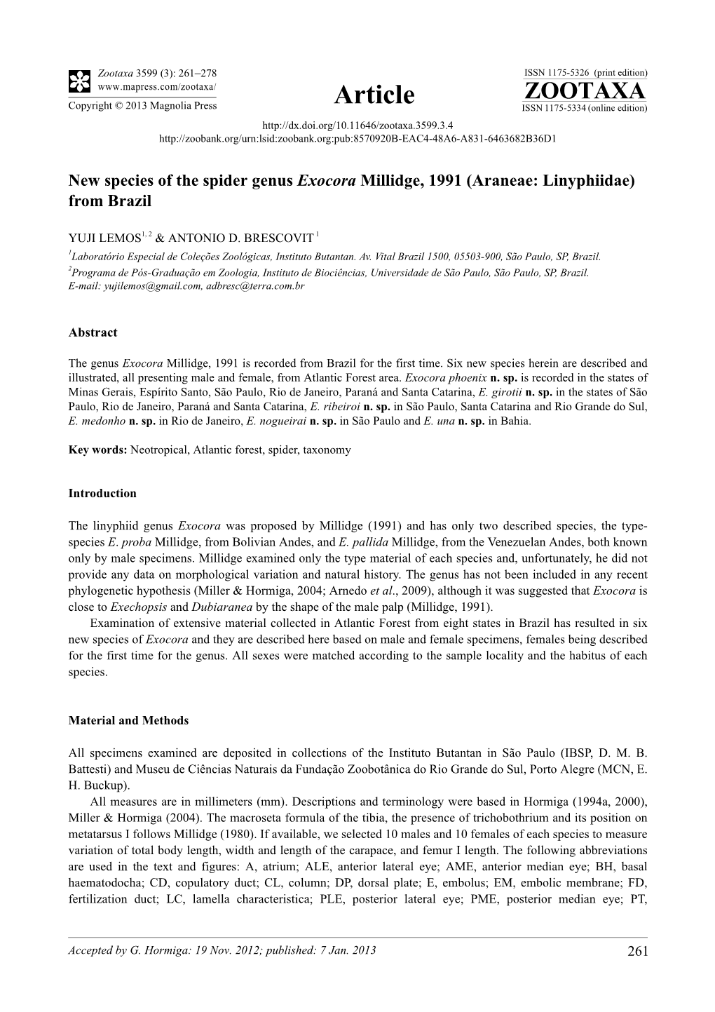 New Species of the Spider Genus Exocora Millidge, 1991 (Araneae: Linyphiidae) from Brazil