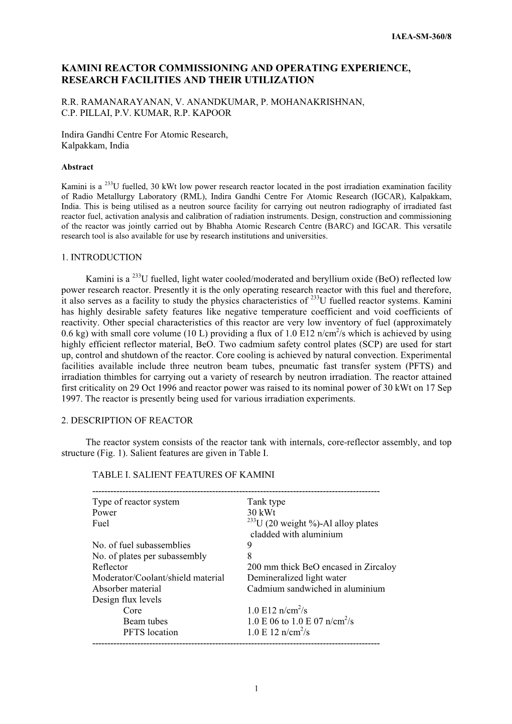 Kamini Reactor Commissioning and Operating Experience, Research Facilities and Their Utilization