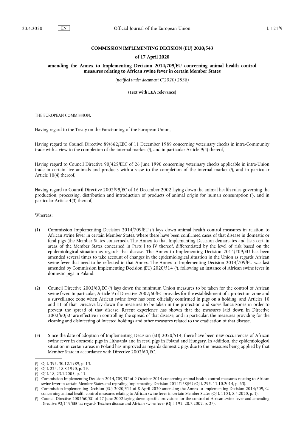 (EU) 2020/543 of 17 April 2020 Amending the Annex To