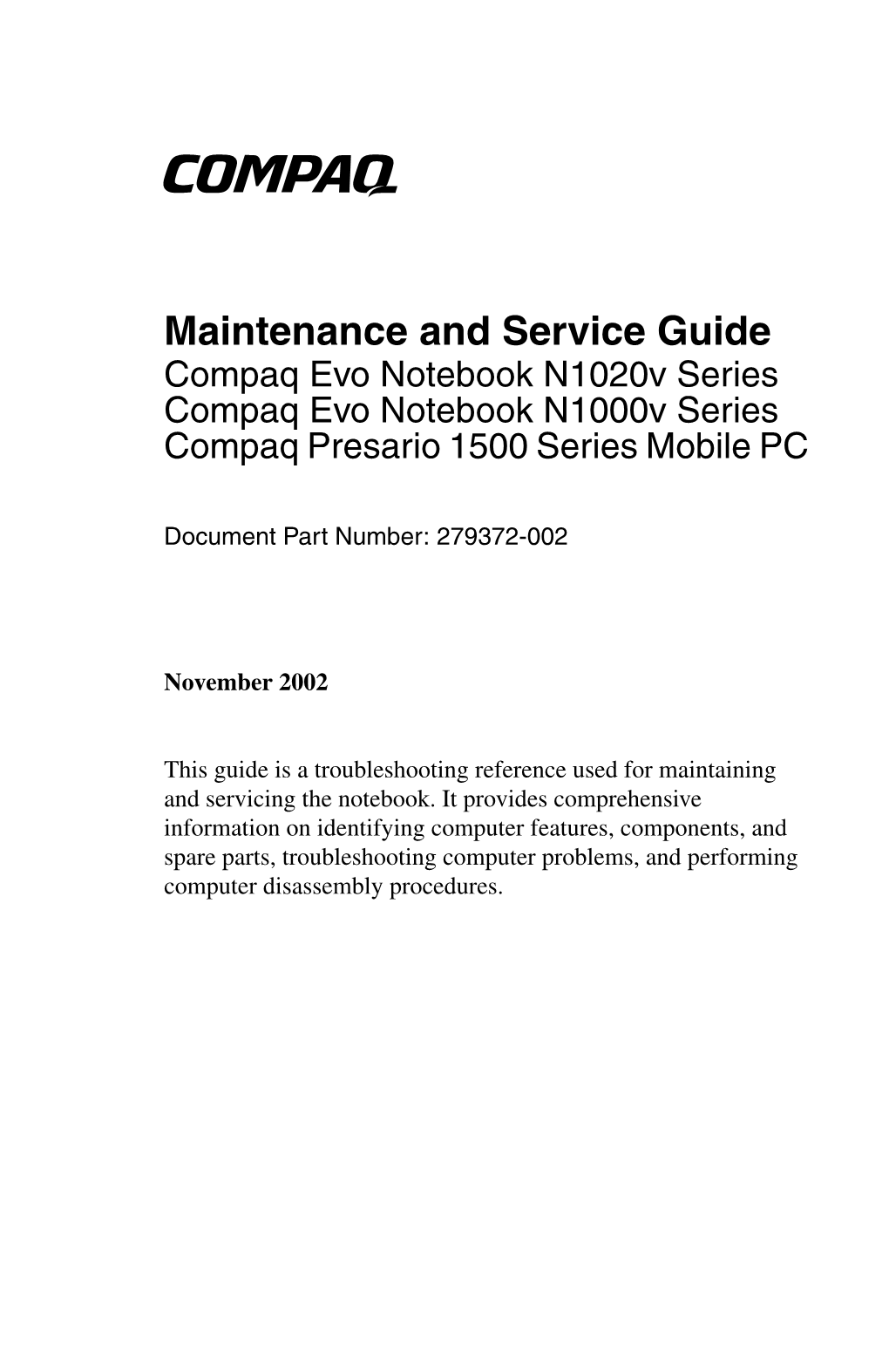 Maintenance and Service Guide / Compaq Evo Notebook N1020v