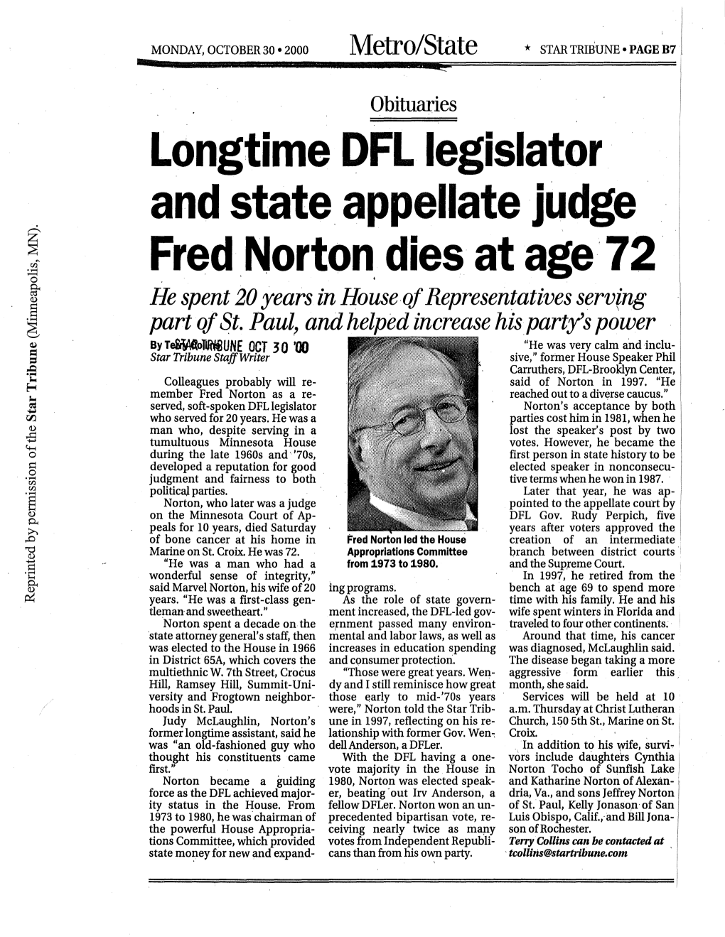 Longtime OFL Legislator and State Appellate Judge Fred,Norton,Dies At