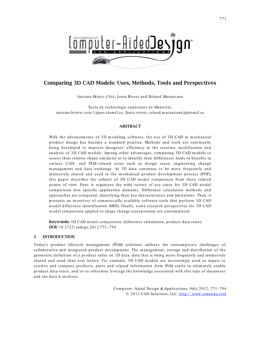 Comparing 3D CAD Models: Uses, Methods, Tools and Perspectives