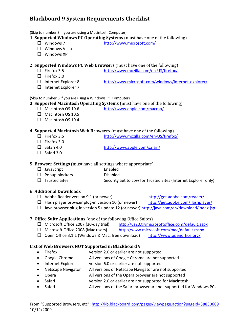 Blackboard 9 System Requirements Checklist