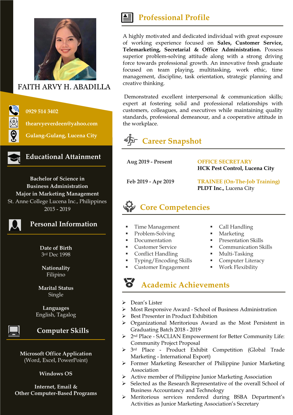 Professional Profile Career Snapshot Core Competencies Academic