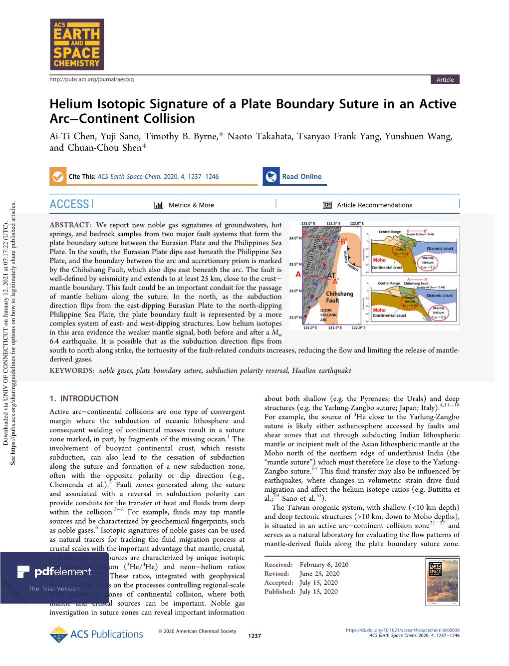 Helium Isotopic Signature of a Plate Boundary Suture in an Active Arc–Continent Collision