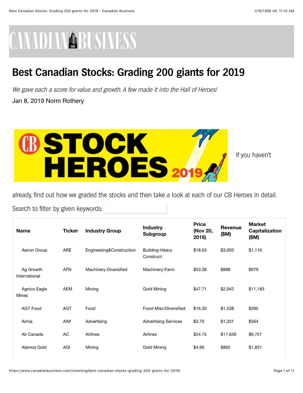 Best Canadian Stocks: Grading 200 Giants for 2019 - Canadian Business 1/19/1398 AP, 11�10 AM