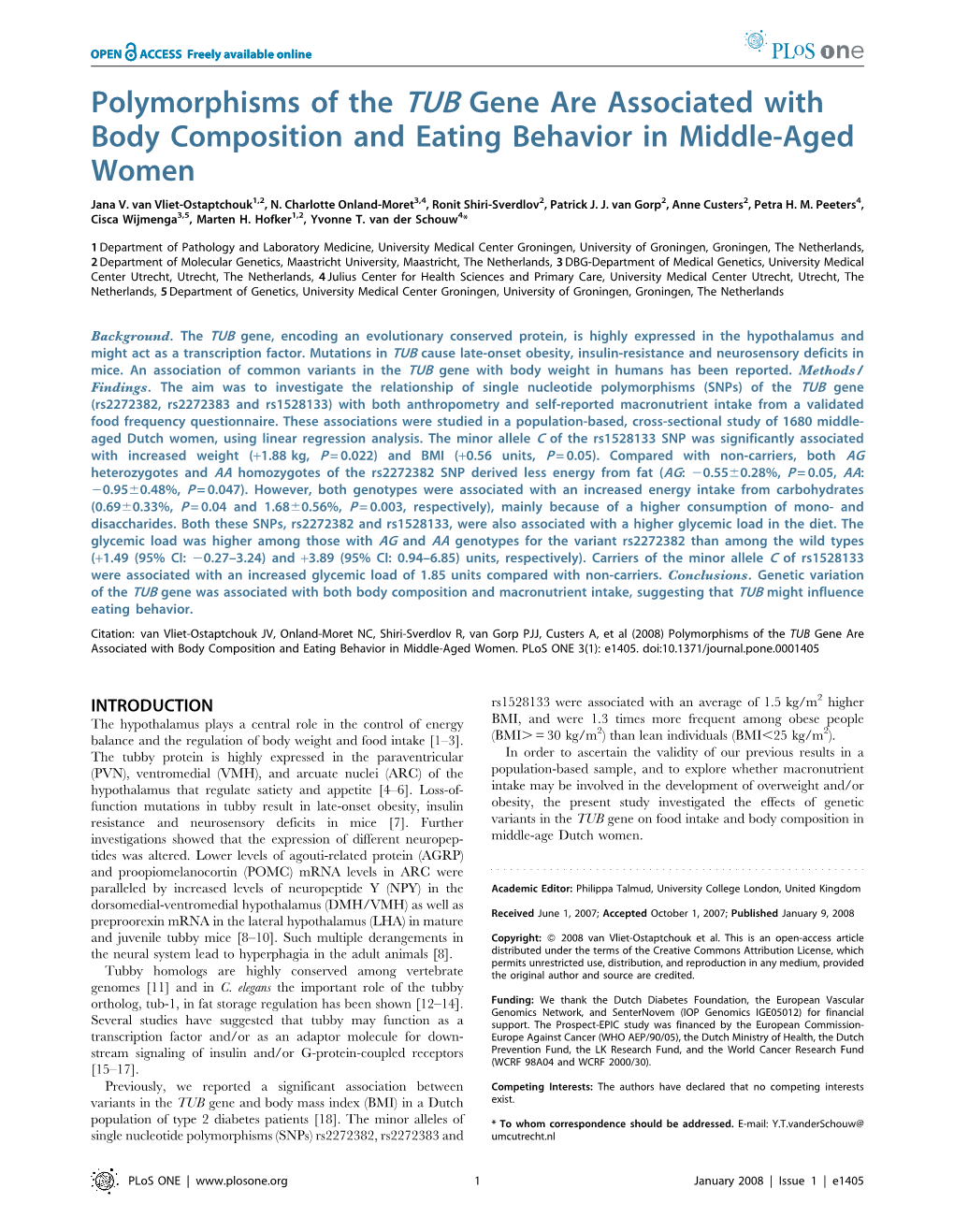 Polymorphisms of the TUB Gene Are Associated with Body Composition and Eating Behavior in Middle-Aged Women Jana V