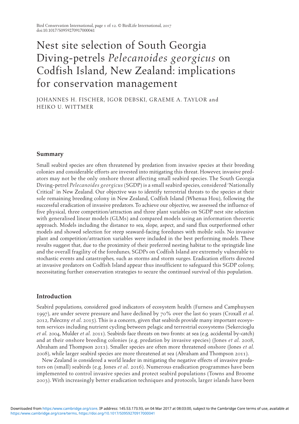 Nest Site Selection of South Georgia Diving-Petrels Pelecanoides Georgicus on Codfish Island, New Zealand: Implications for Conservation Management