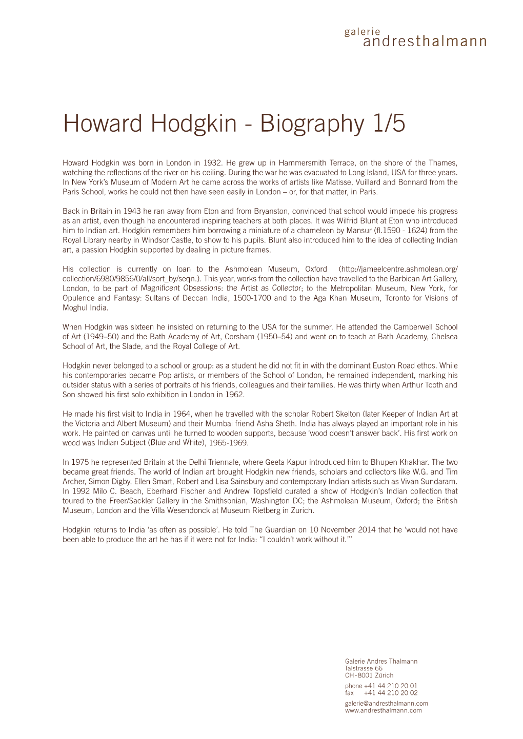 Howard Hodgkin - Biography 1/5