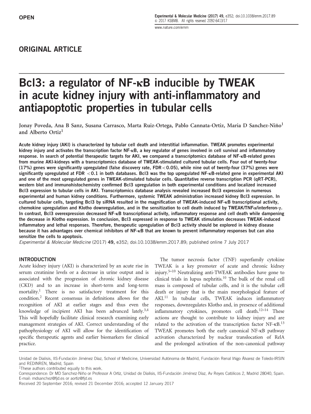 Bcl3: a Regulator of NF-Κb Inducible by TWEAK in Acute Kidney Injury with Anti-Inﬂammatory and Antiapoptotic Properties in Tubular Cells