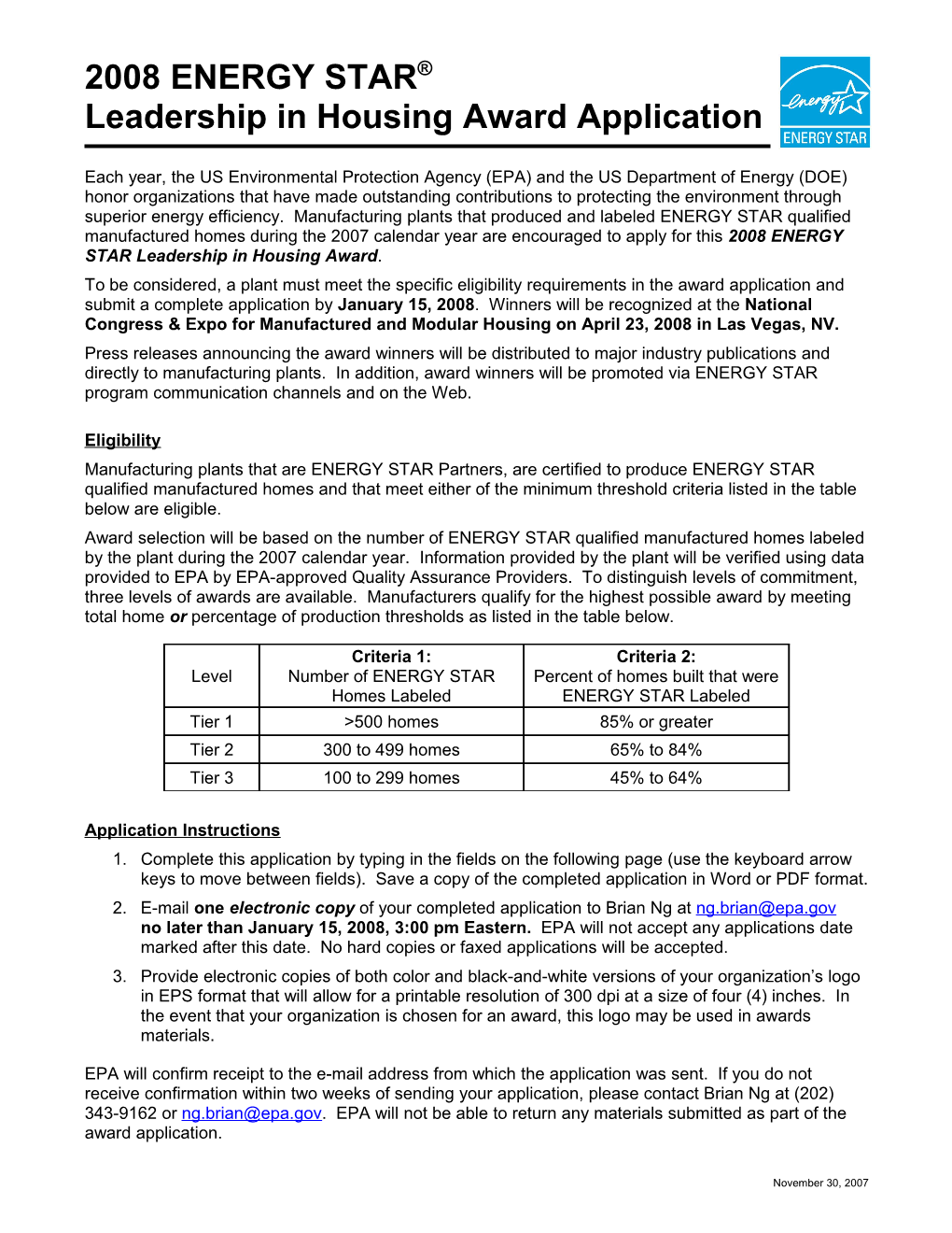 2001 ENERGY STAR Award Application