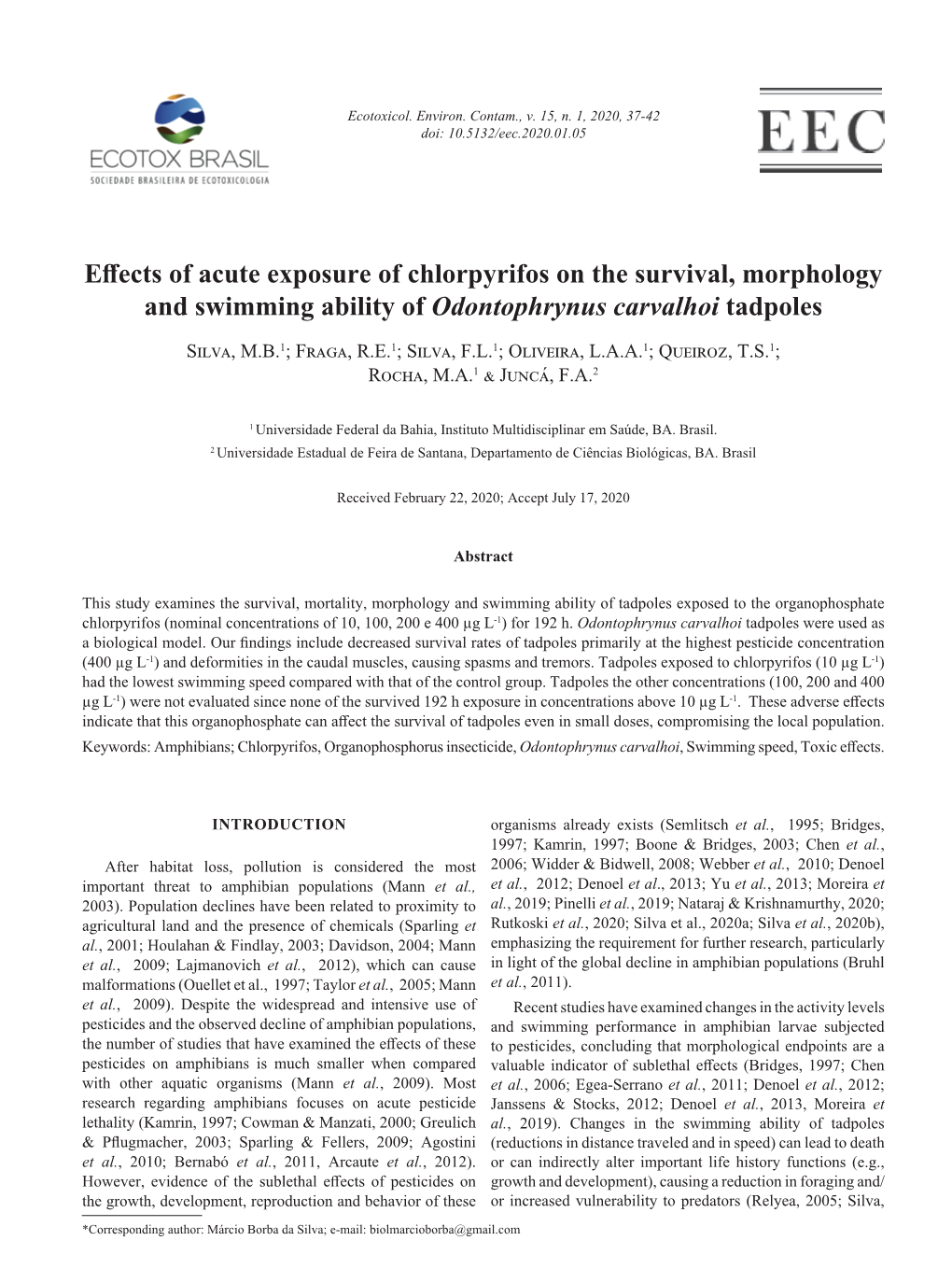 Effects of Acute Exposure of Chlorpyrifos on the Survival, Morphology and Swimming Ability of Odontophrynus Carvalhoi Tadpoles