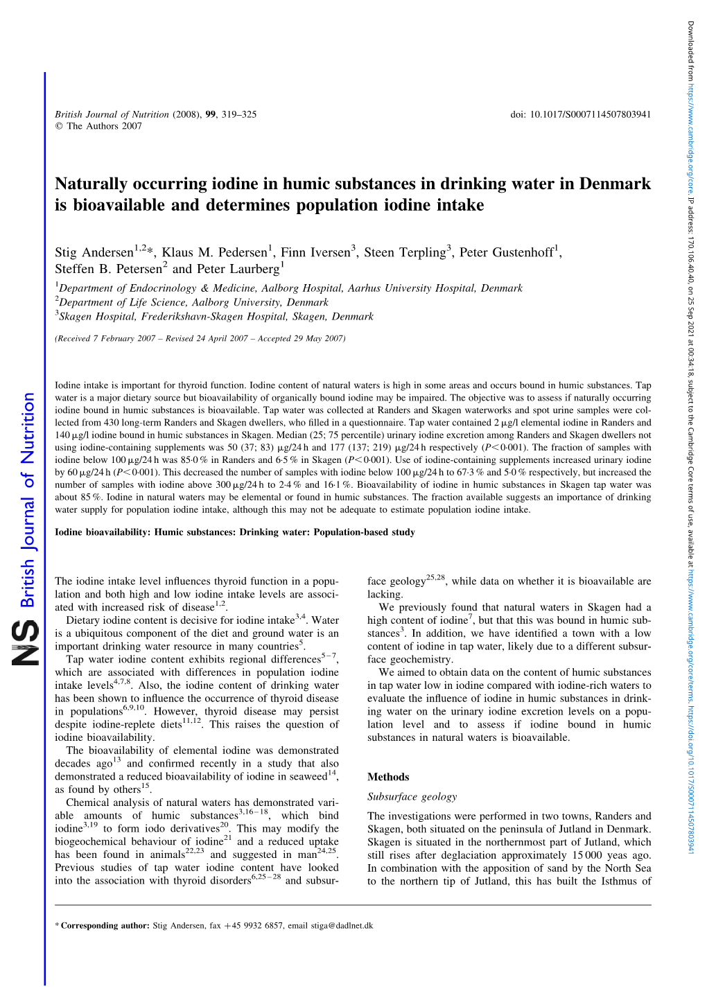 Naturally Occurring Iodine in Humic Substances in Drinking Water in Denmark