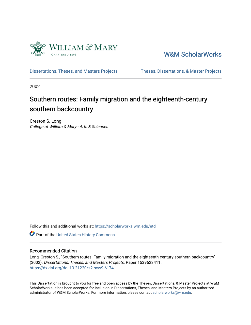 Family Migration and the Eighteenth-Century Southern Backcountry