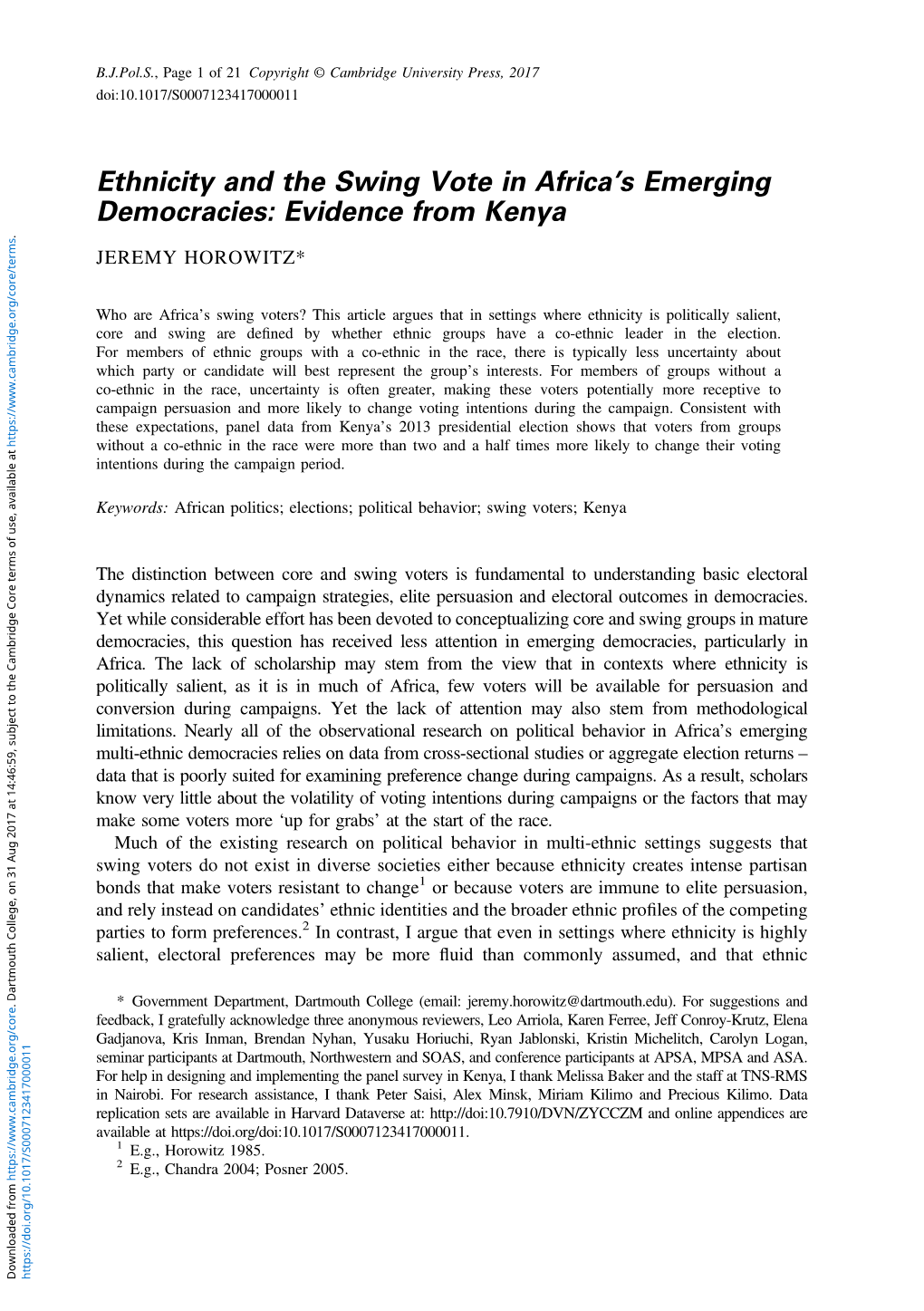 Ethnicity and the Swing Vote in Africads Emerging Democracies
