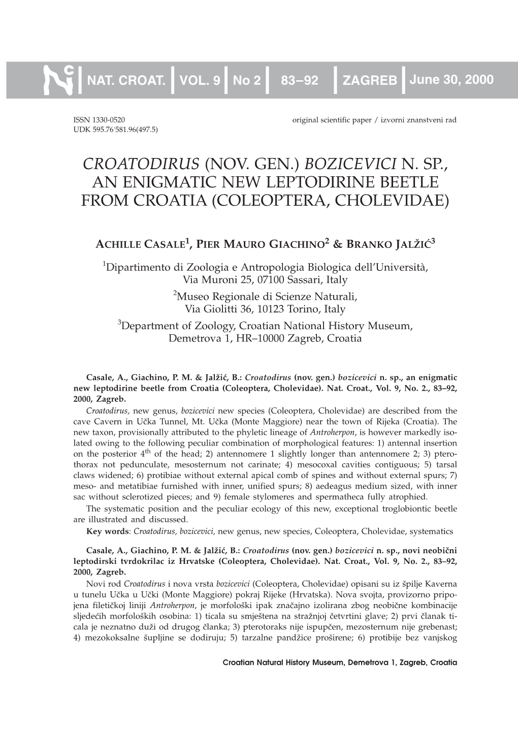 Croatodirus (Nov. Gen.) Bozicevici N. Sp., an Enigmatic New Leptodirine Beetle from Croatia (Coleoptera, Cholevidae)