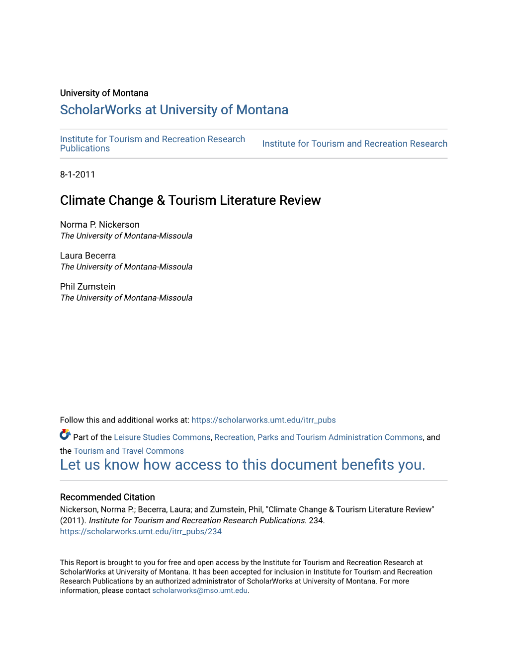 Climate Change & Tourism Literature Review