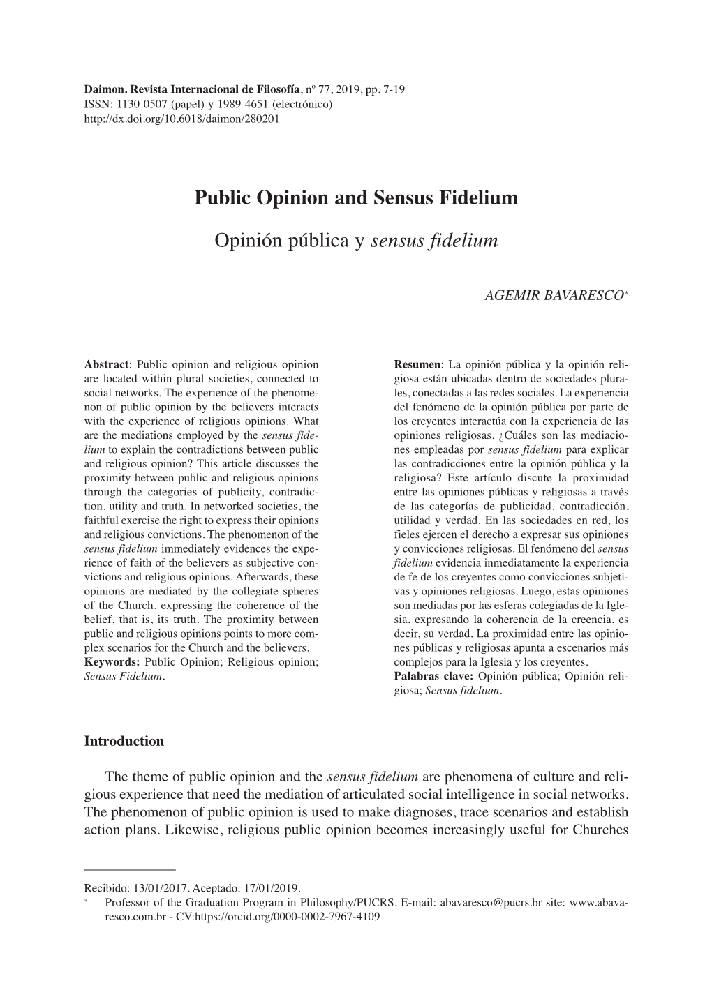 Public Opinion and Sensus Fidelium Opinión Pública Y Sensus Fidelium