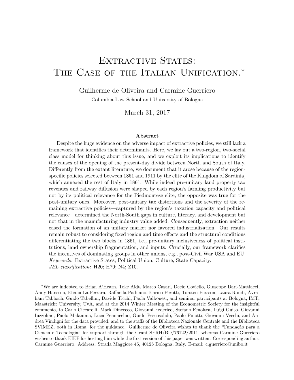 Extractive States: the Case of the Italian Unification.∗
