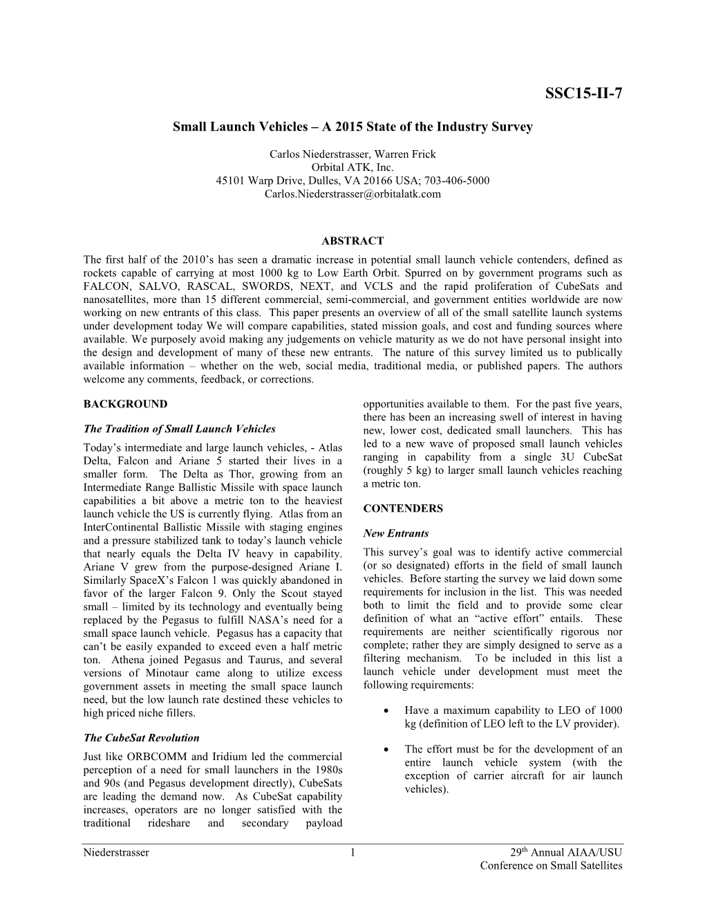 Small Launch Vehicles – a 2015 State of the Industry Survey