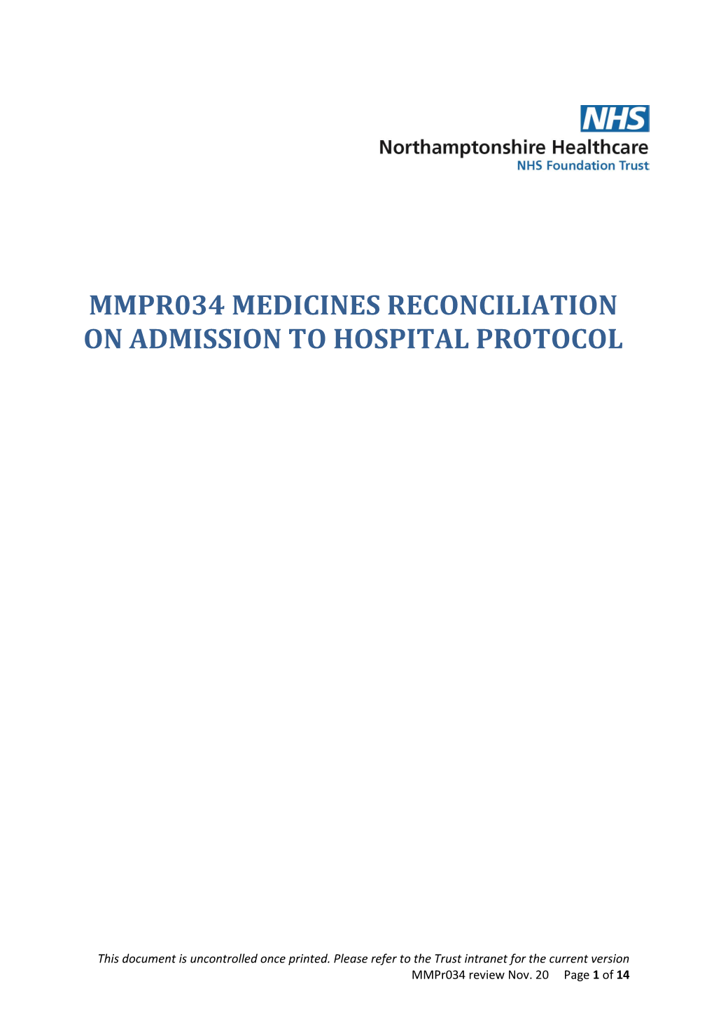 Mmpr034 Medicines Reconciliation on Admission to Hospital Protocol