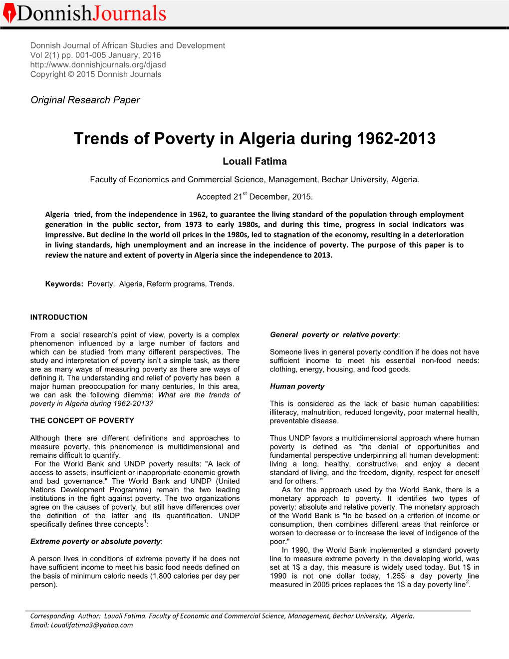 Trends of Poverty in Algeria During 1962-2013