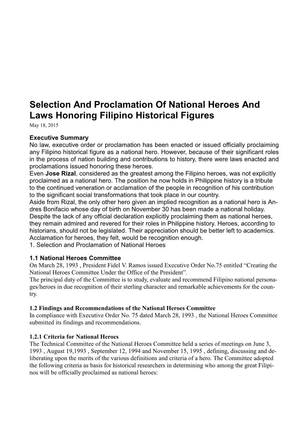 Selection and Proclamation of National Heroes and Laws Honoring Filipino Historical Figures May 18, 2015