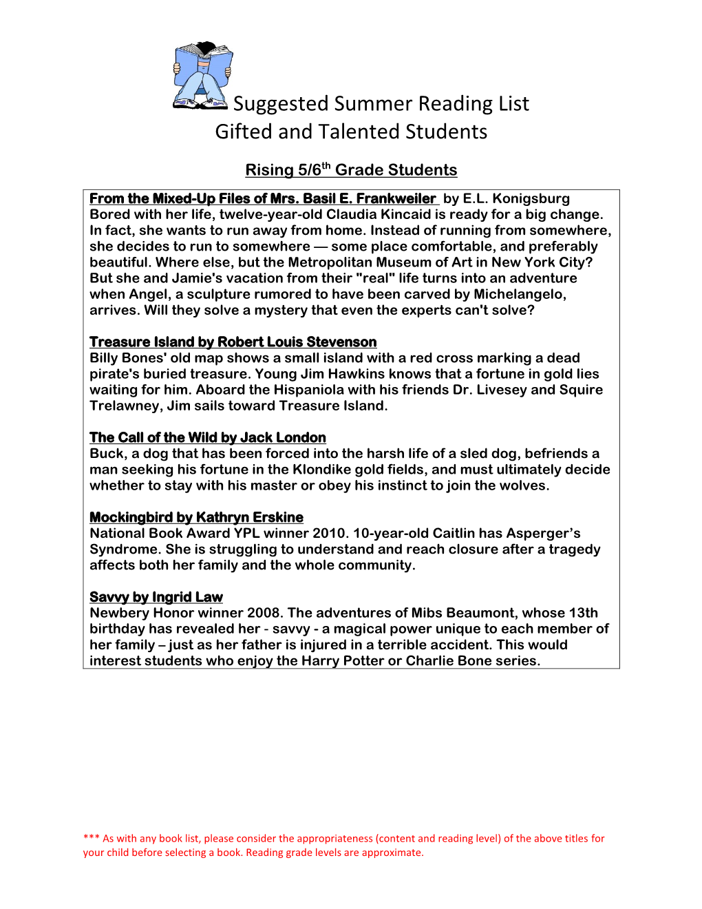 Suggested Summer Reading List Gifted and Talented Students