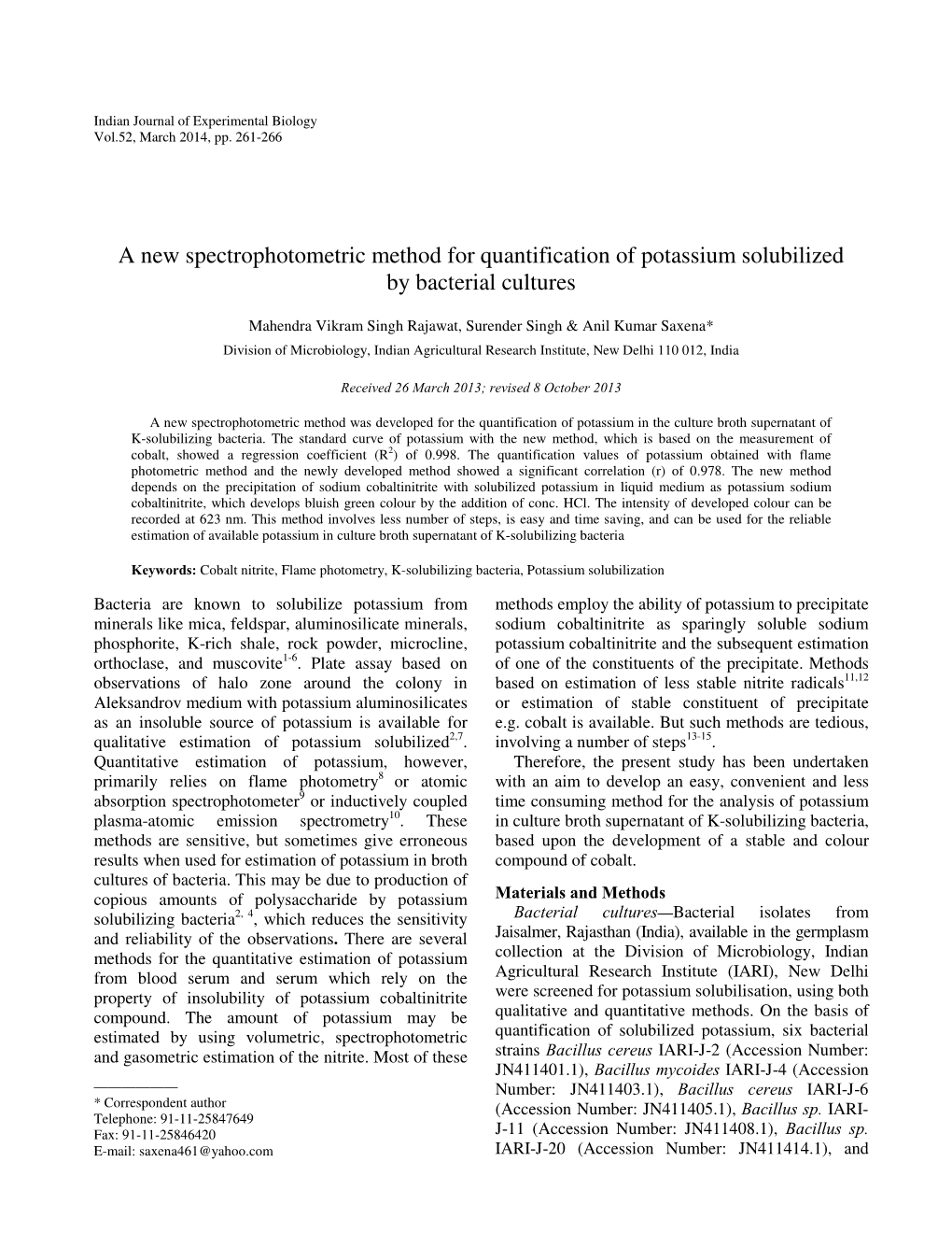 A New Spectrophotometric Method for Quantification of Potassium Solubilized by Bacterial Cultures