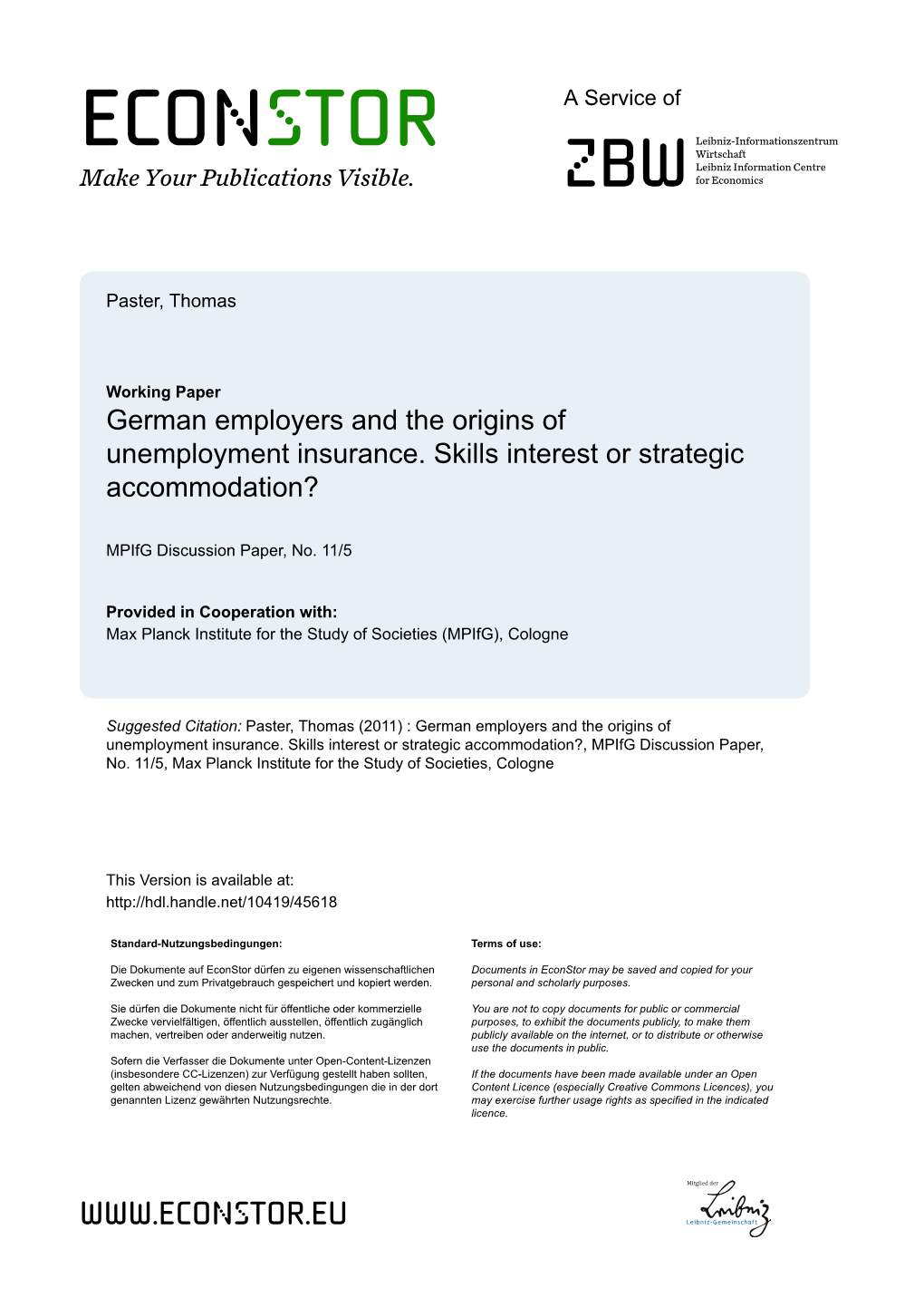 German Employers and the Origins of Unemployment Insurance Skills Interest Or Strategic Accommodation?