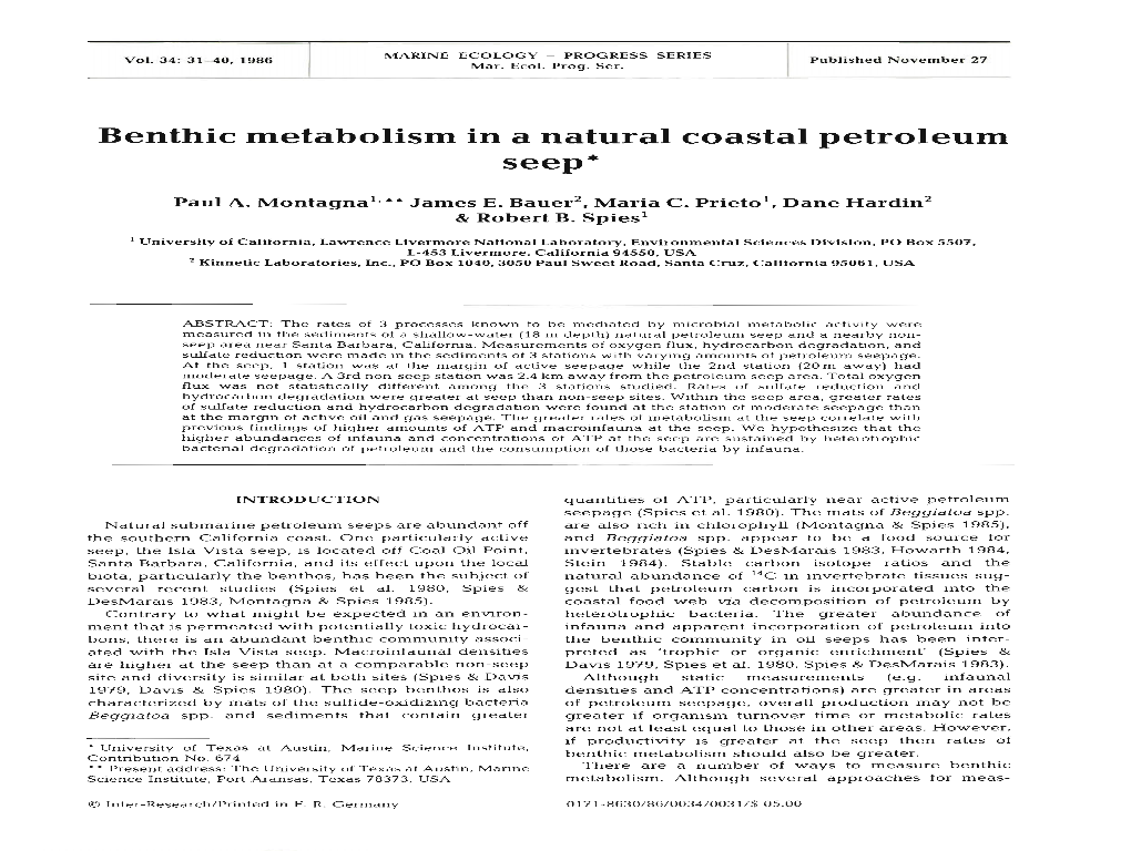 Benthic Metabolism in a Natural Coastal Petroleum Seep*