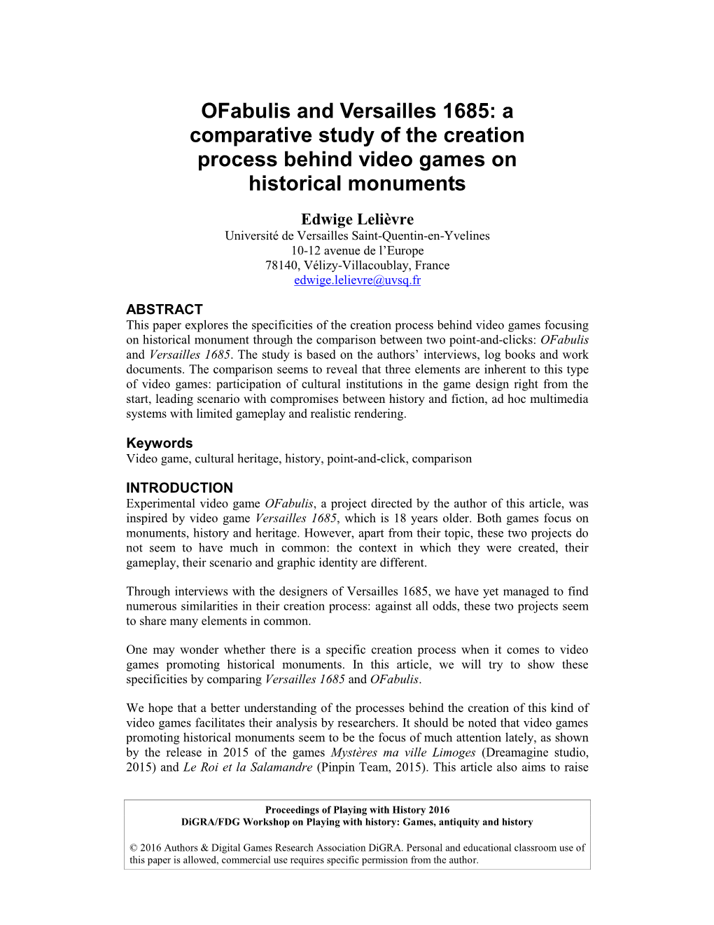 Ofabulis and Versailles 1685: a Comparative Study of the Creation Process Behind Video Games on Historical Monuments