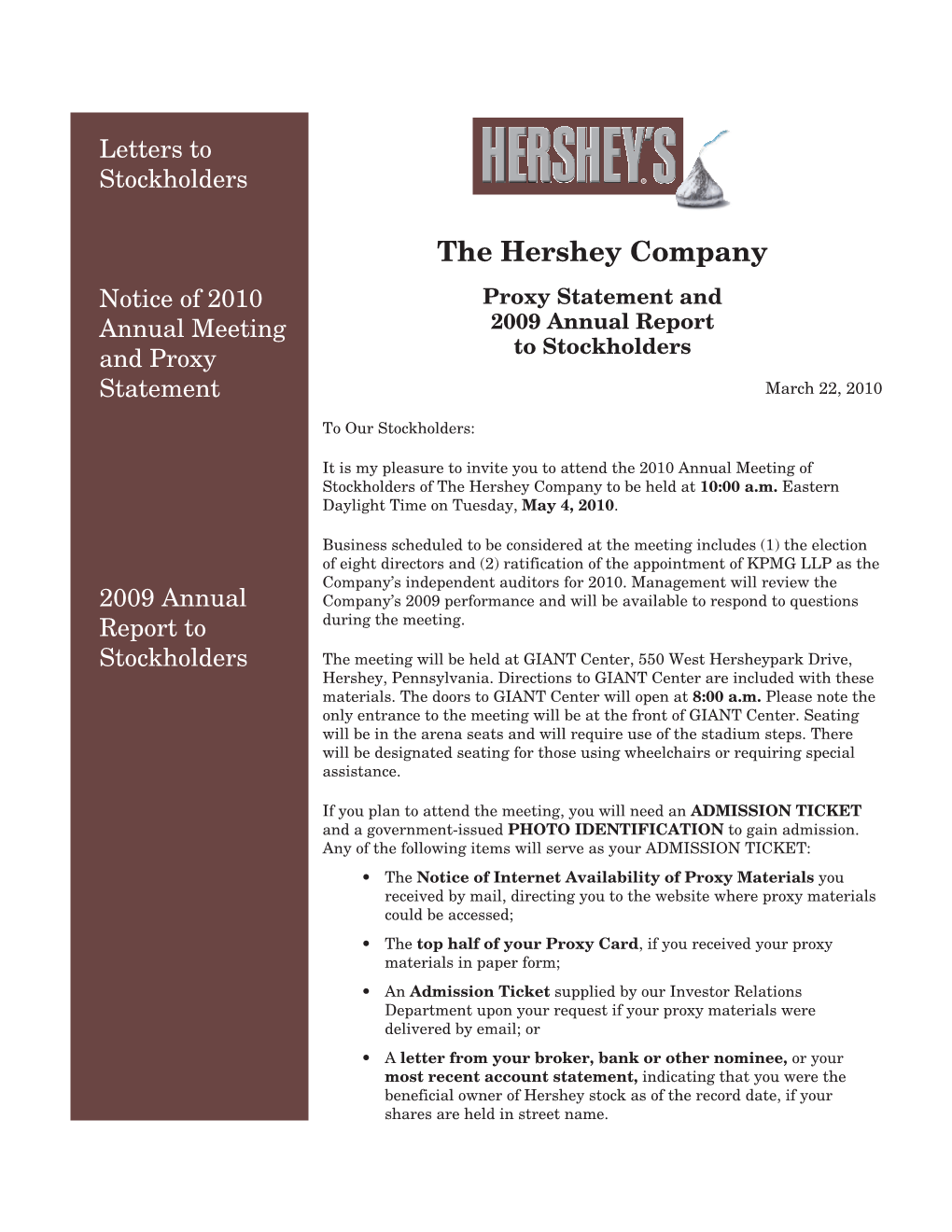 2010 Proxy Statement and 2009 Annual Report; Form 10-K