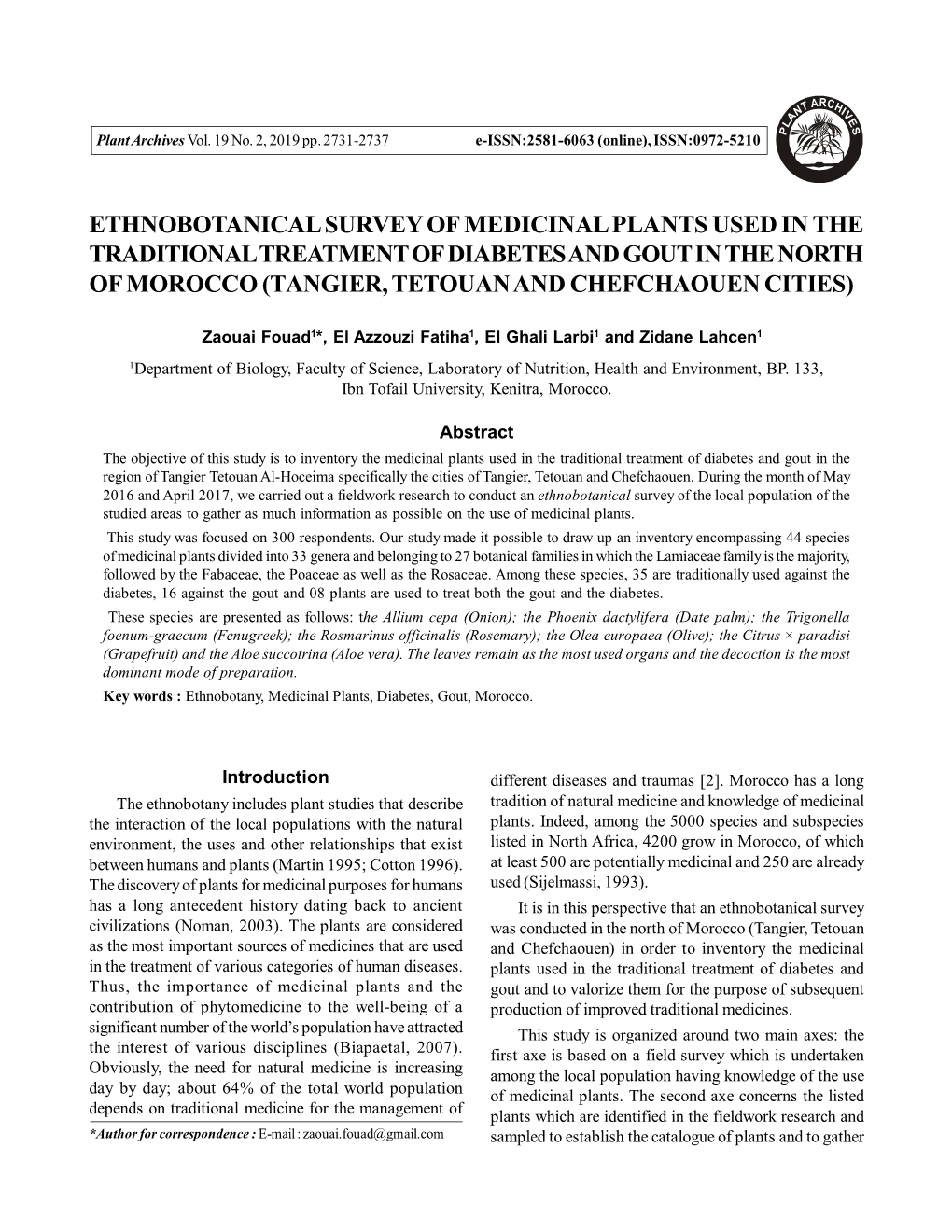 Ethnobotanical Survey of Medicinal Plants Used in the Traditional Treatment of Diabetes and Gout in the North of Morocco (Tangier, Tetouan and Chefchaouen Cities)