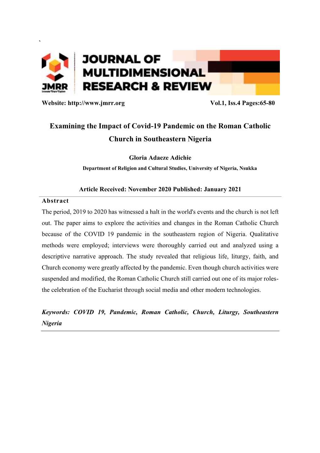 Examining the Impact of Covid-19 Pandemic on the Roman Catholic Church in Southeastern Nigeria