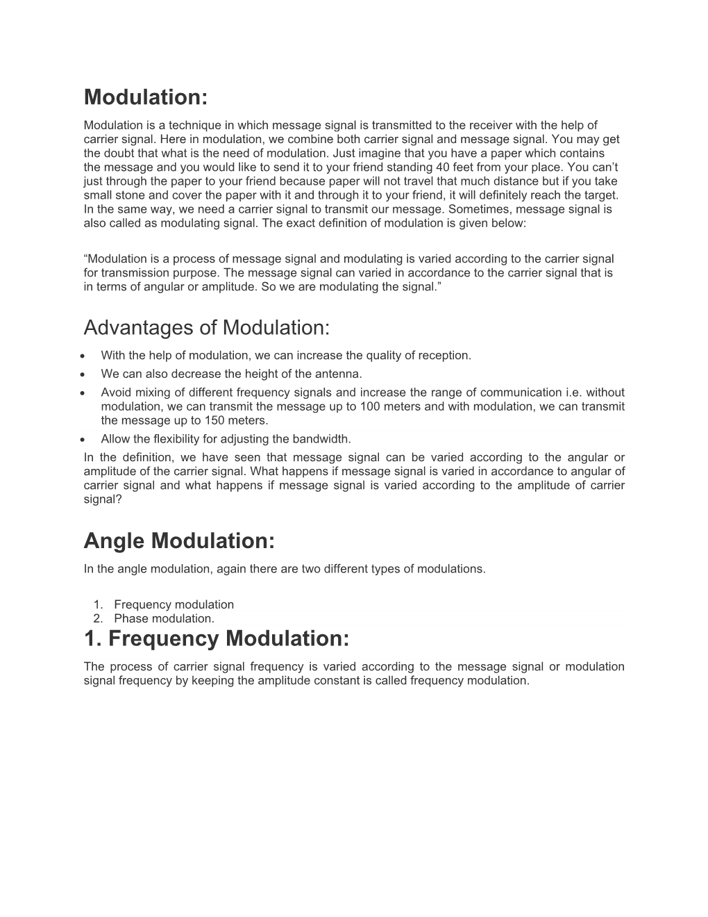 Modulation: Angle Modulation: 1. Frequency Modulation