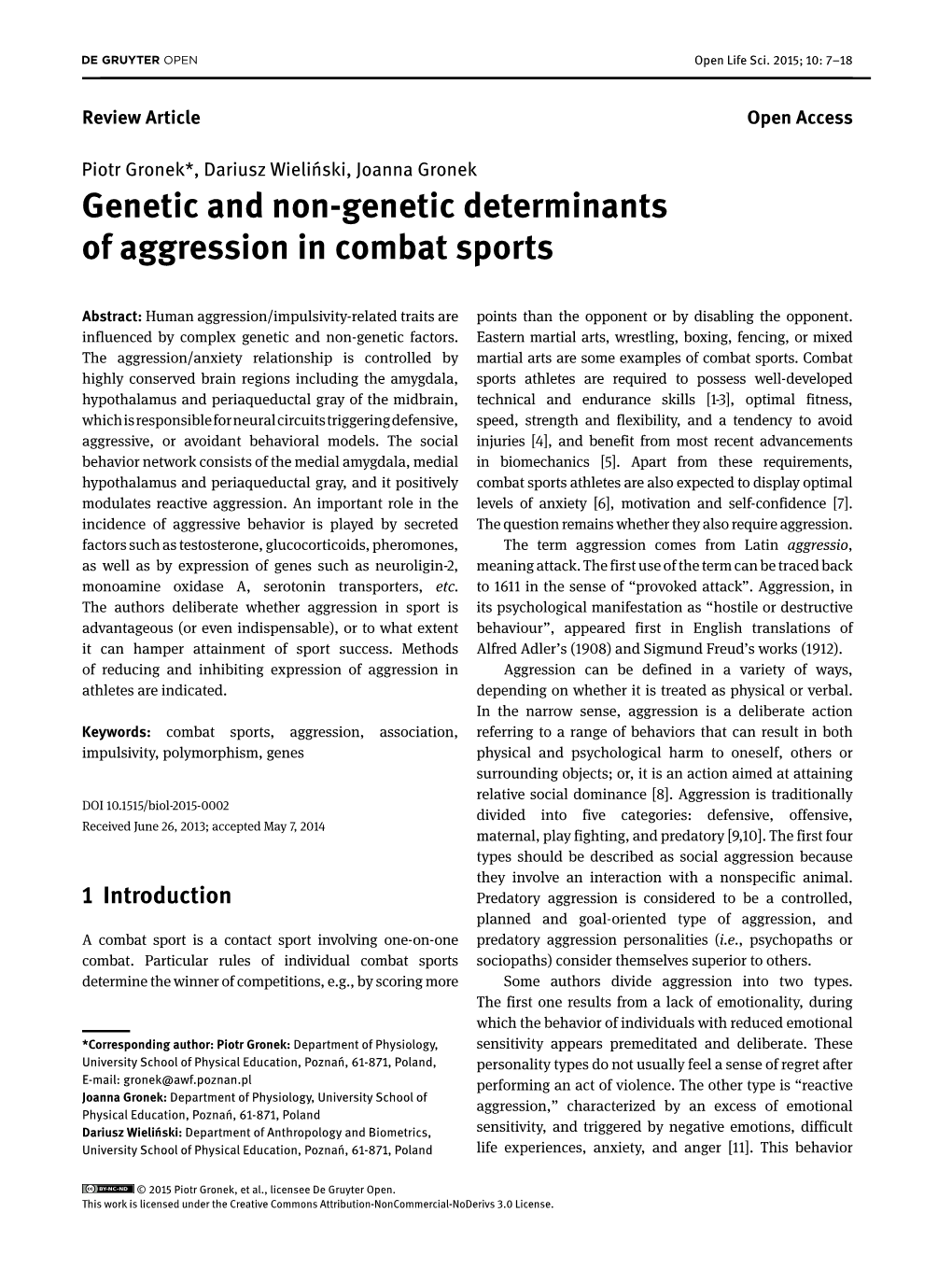 Genetic and Non-Genetic Determinants of Aggression in Combat Sports