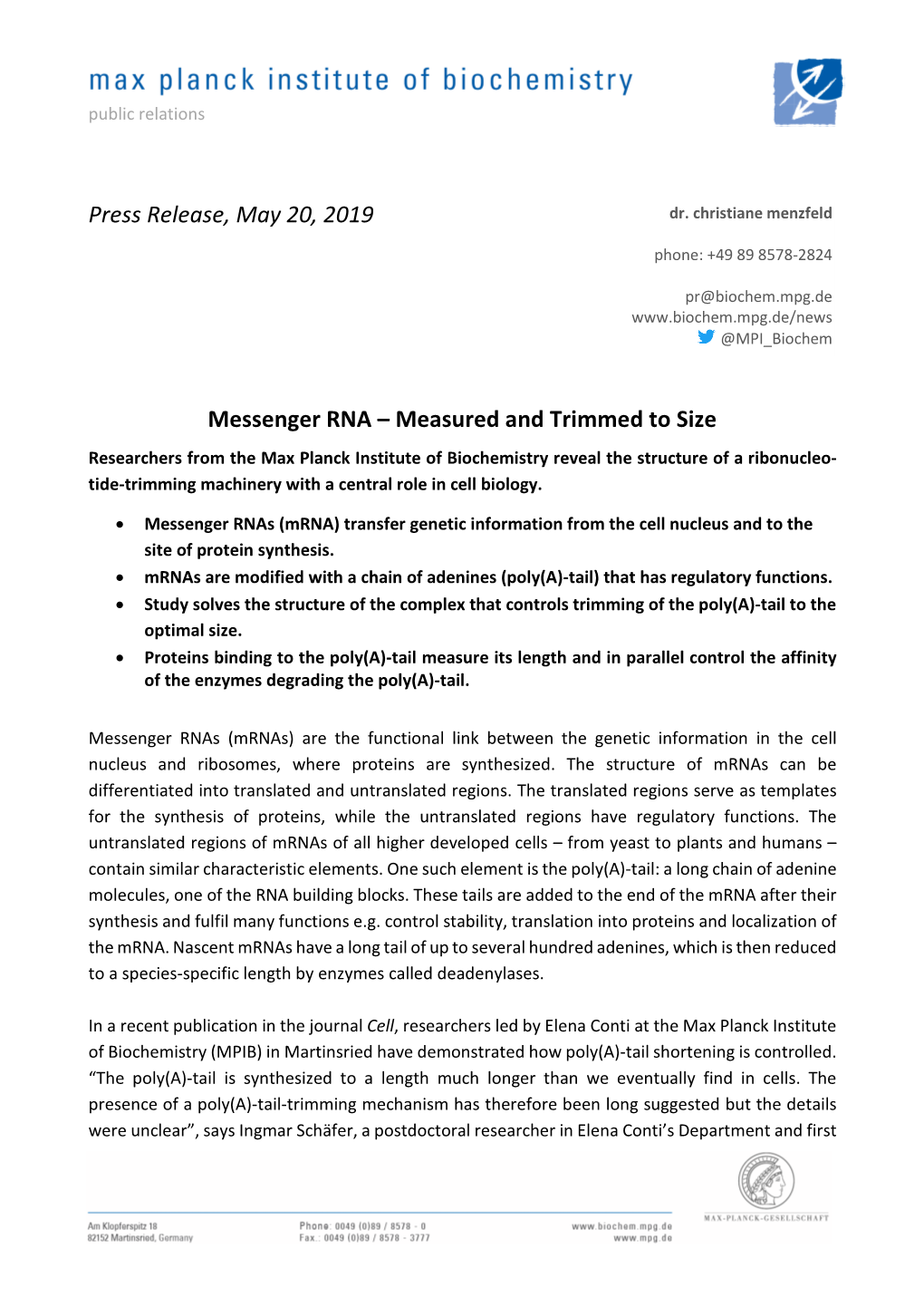 Press Release, May 20, 2019 Messenger RNA – Measured And
