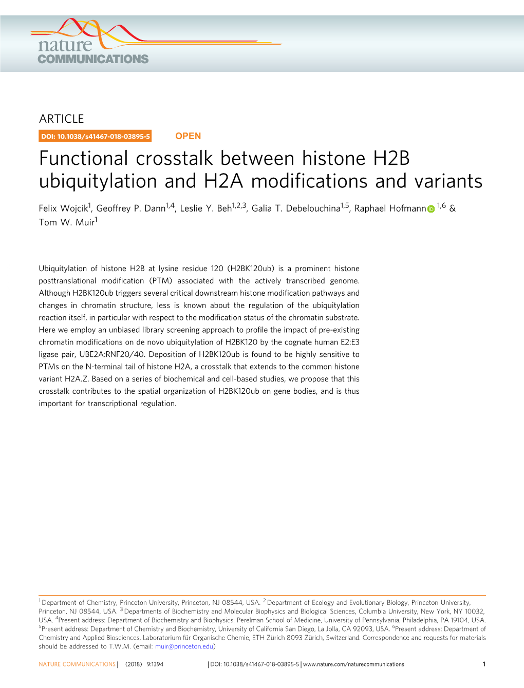 Functional Crosstalk Between Histone H2B Ubiquitylation and H2A Modifications and Variants