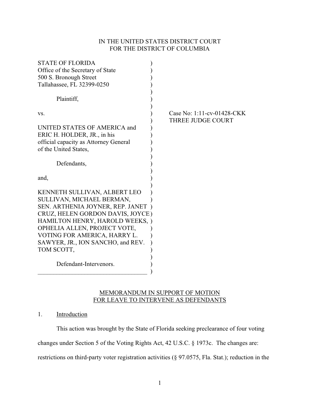 Florida V US Memo in Support of Motion to Intervene Final