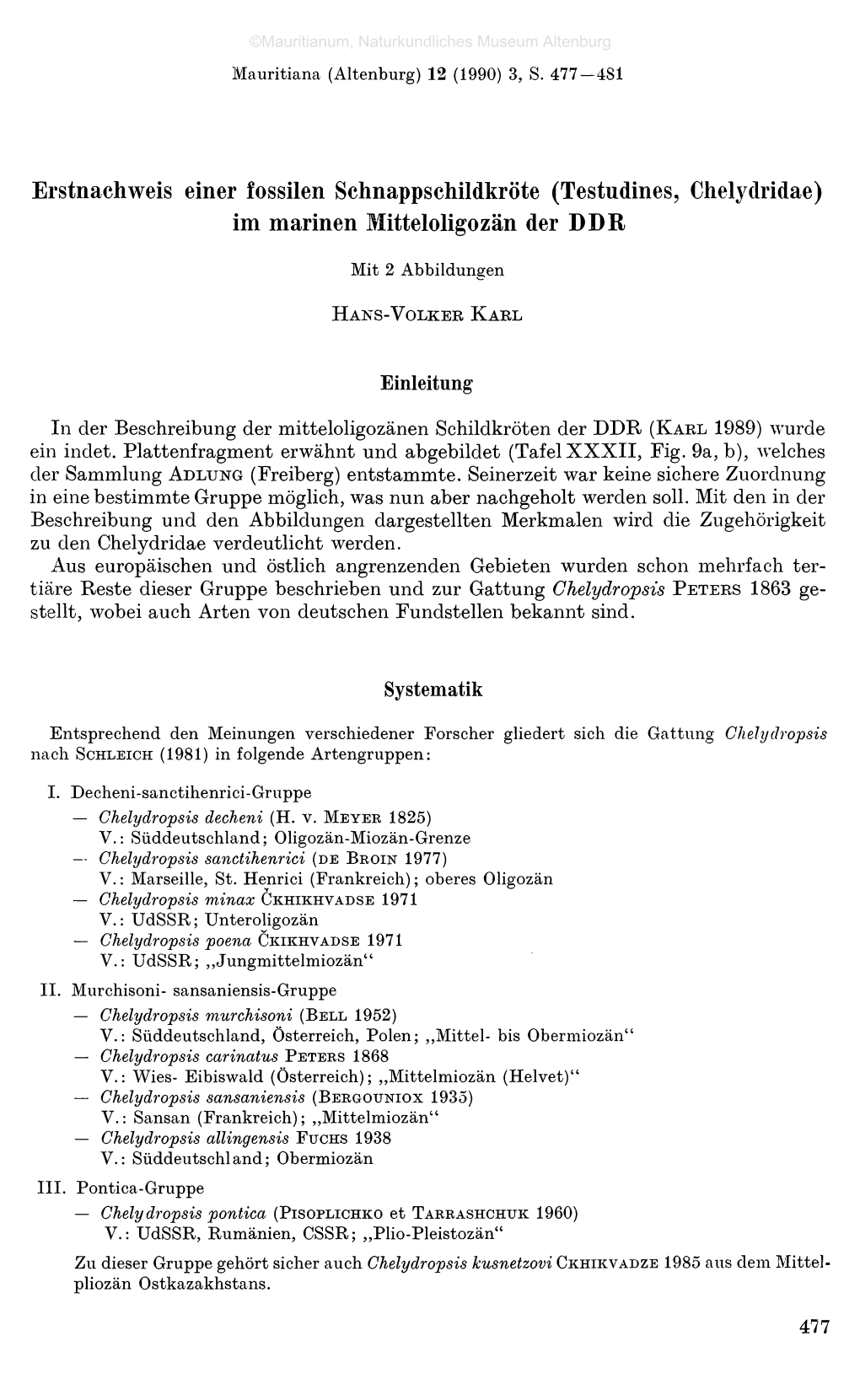 Testudines, Chelydridae) Im Marinen Mitteloligozän Der DDR