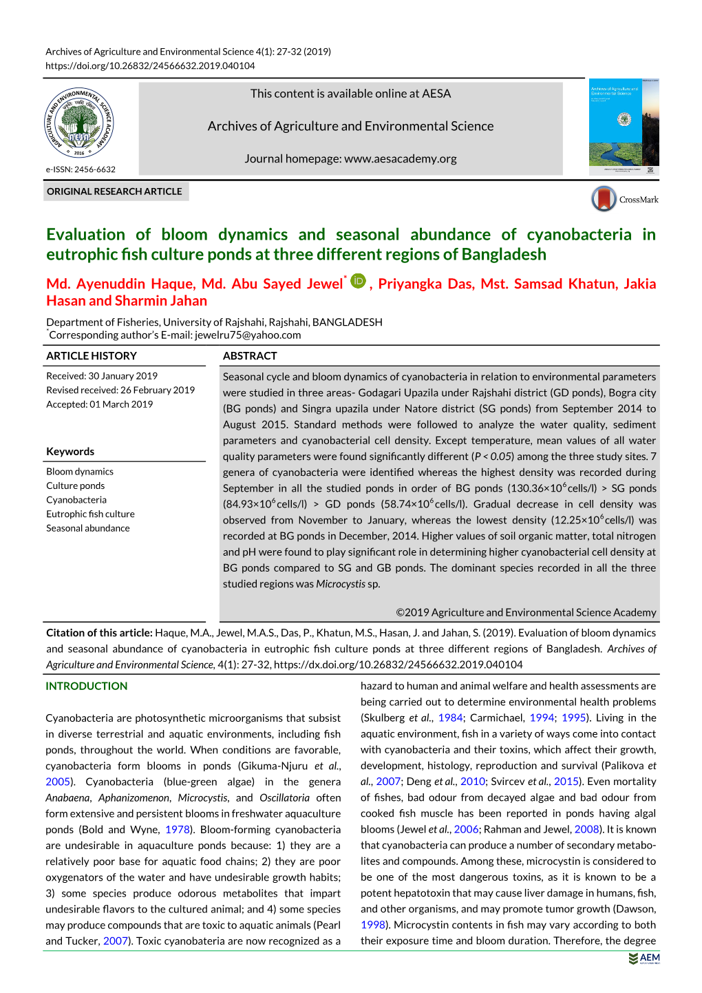 Evaluation of Bloom Dynamics and Seasonal Abundance of Cyanobacteria in Eutrophic Fish Culture Ponds at Three Different Regions of Bangladesh Md